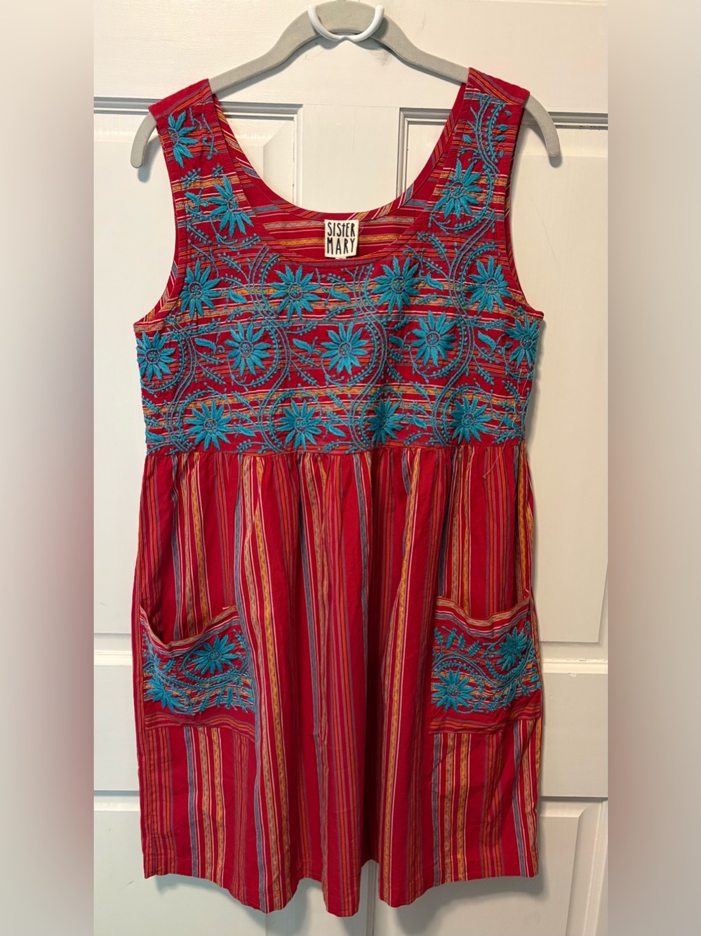 Sister Mary bohemian red striped embroidered women’s cotton dress s small